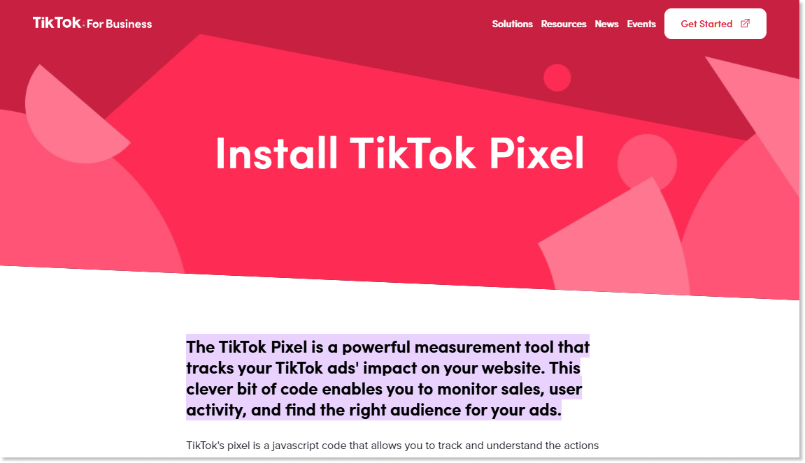 screenshot of tiktok pixel homepage